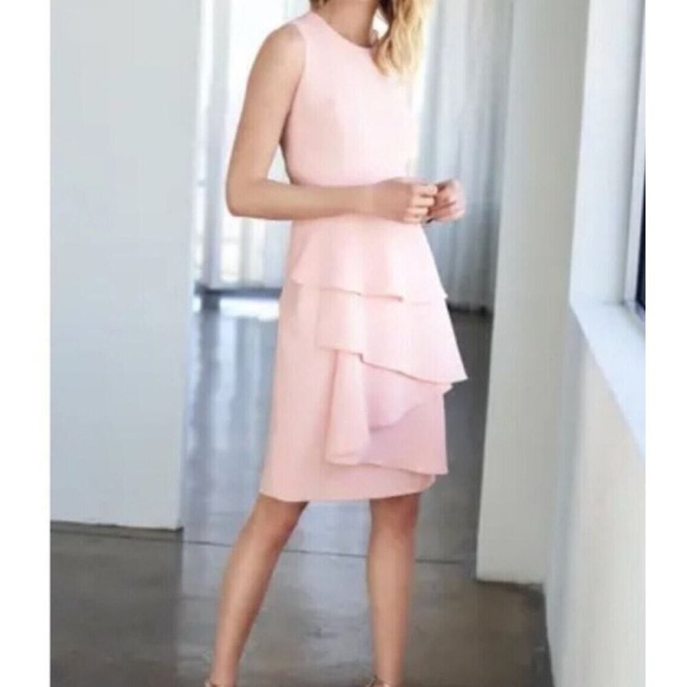 ELIZA J Women Sheath Ruffle Cascade Crepe Zip Back Dress Sz 16 Blush Pink 46-23